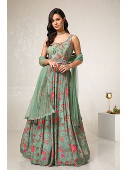 Soch - Sap Green Floral Belted Gown With Dupatta and Pair of Unstitched Sleeves (Set of 3)
