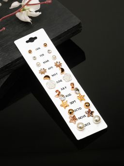 Stol'N - Gold Toned Pearl and Stone Studs Earrings (Pack of 12)