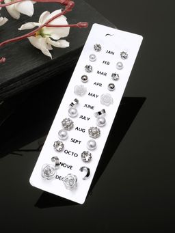 Stol'N - Silver Toned Pearl and Stone Studs Earrings (Pack of 12)