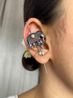 ISHKAARA - Oxidized Elephant Design with Pearl Ear Cuffs