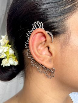 ISHKAARA - Oxidized Silver Lotus Petal Ear Cuffs