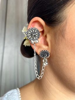 ISHKAARA - Oxidized Double Silver Chain Ear Cuffs