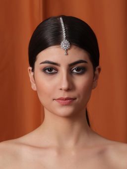 STILEADDA - Stylish Sparkling Silver Plated Cubic Zirconia Flower Maangtikka Silver