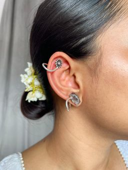 ISHKAARA - Oxidized Silver Curved Floral Pattern Ear Cuffs