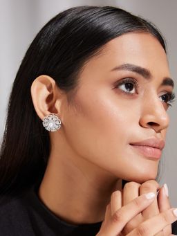 Nuyug - Silver Plated Stone Floral Stud Earrings