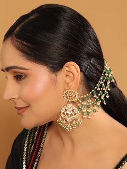 Nuyug - 22K Gold Plated Emerald Green Pearls Triple Strand Ear Chain