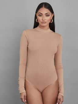 Styli - Tan Long Sleeves Button Cuff Detail Ribbed Fitted Bodysuit