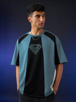 The Souled Store - Official Superman: Pixel Logo Oversized Teal T-shirt