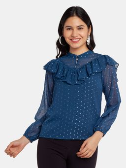 Zink London - Womens Navy Blue All Over Printed Top