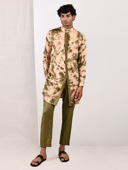 Bohame - Ezra Beige And Green Asymmetric Kurta With Straight Pants (set Of 2)
