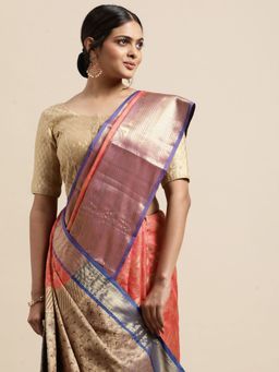 Vastranand - Peach & Gold-Toned Woven Design Zari Silk Blend Kanjeevaram Saree with Unstitched Blouse