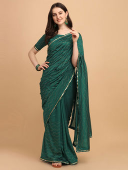 Amrutam Fab - Womens Vichitra Silk Printed Dark Green Saree With Unstitched Blouse Piece