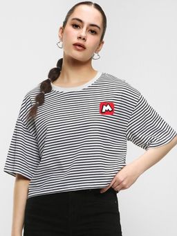 Bewakoof - Official Disney Women's Black & White Mickey Who Me Striped Oversized T-shirt