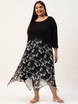 theRebelinme - Plus Size Womens Black & Off-White Floral Printed Georgette A-Line Midi Dress