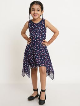 Creative Kids - Girls Navy Blue Floral Print A-line Dress