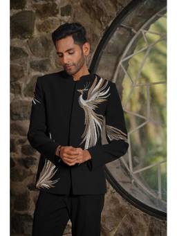 HILO DESIGN - Sky Flare Black Metallic Peacock Embroidered Suiting Bandhgala