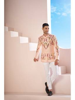 HILO DESIGN - Serenade Peach Hand Embroidered British Fabric Bandhgala and Trouser