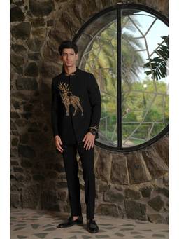 HILO DESIGN - Winter Crest Black Gold Zardozi Suiting Bandhgala