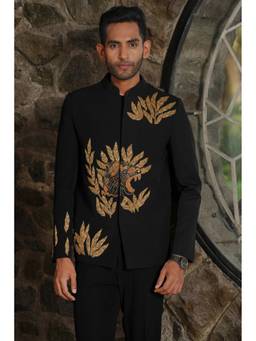 HILO DESIGN - Ember Stride Black Hand Embroidered Bandhgala
