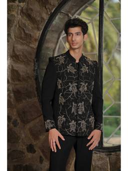 HILO DESIGN - Still stone Black Embroidered Bandhgala with Kurta and Trouser