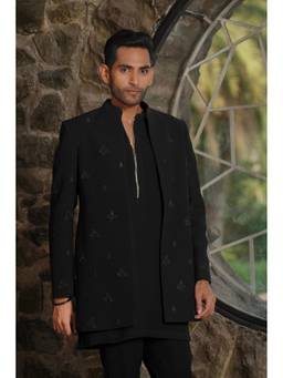 HILO DESIGN - Armor Age Black Embroidered Bandhgala with Kurta and Trouser