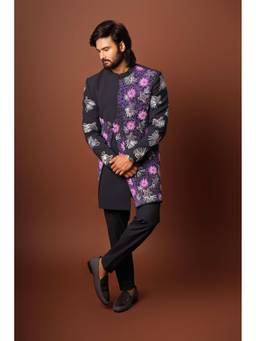 HILO DESIGN - Zafiro Blue Coral Reef Embroidered Sherwani and Pant