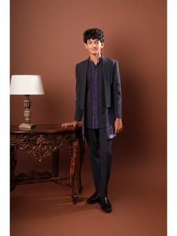 HILO DESIGN - Blue Tesoro Jacket with Kurta and Trouser