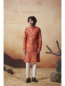 HILO DESIGN - Red Coraflora Nehru Jacket with Kurta and Pant