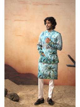 HILO DESIGN - Blue Nirvana Nehru Jacket with Kurta and Pant
