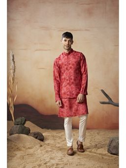 HILO DESIGN - Red Verdant Nehru Jacket with Kurta and Pant
