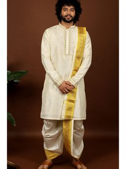 HILO DESIGN - Off White Heuso Pattu Kurta with Pattu Dhoti and Kanduva