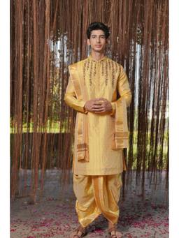 HILO DESIGN - Gold Swarna Kanjivaram Pattu Kurta with Pattu Dhoti and Kanduva