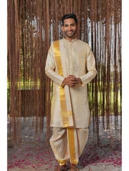 HILO DESIGN - Cream Ananta Pattu Kurta with Pattu Dhoti and Kanduva