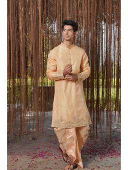 HILO DESIGN - Gold Sahara Kanjivaram Pattu Kurta with Pattu Dhoti and Kanduva