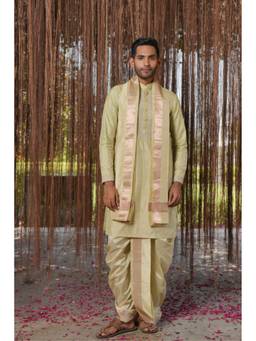 HILO DESIGN - Olive Thirunaal Kanjivaram Pattu Kurta with Pattu Dhoti and Kanduva