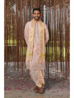 HILO DESIGN - Pink Mrudanga Pattu Kurta with Pattu Dhoti and Kanduva