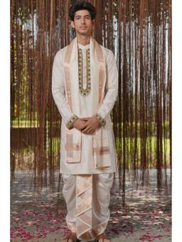 HILO DESIGN - Cream Pushkaram Pattu Kurta with Pattu Dhoti and Kanduva