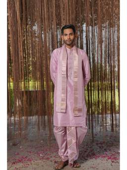 HILO DESIGN - Lavender Iris Pattu Kurta with Pattu Dhoti and Kanduva