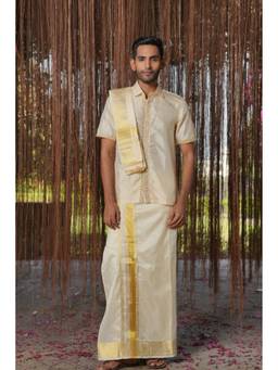 HILO DESIGN - Beige Sitara Kanjivaram Pattu Kurta with Pattu Dhoti and Kanduva