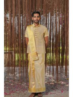 HILO DESIGN - Gold Raziya Kanjivaram Pattu Kurta with Pattu Dhoti and Kanduva