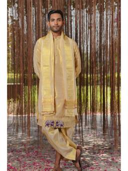 HILO DESIGN - Gold Varna Kanjivaram Pattu Kurta with Pattu Dhoti and Kanduva
