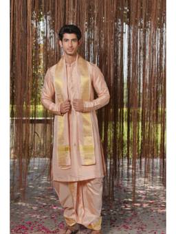 HILO DESIGN - Pink Sakura Kanjivaram Pattu Kurta with Pattu Dhoti and Kanduva