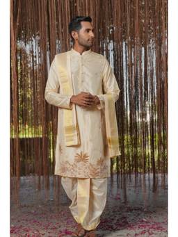 HILO DESIGN - Beige Vruksha Kanjivaram Pattu Kurta with Pattu Dhoti and Kanduva