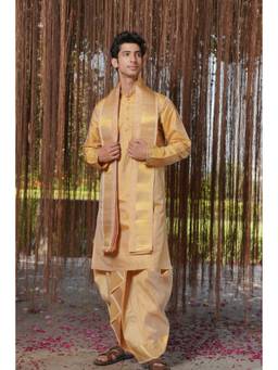 HILO DESIGN - Gold Ambaram Pattu Kurta with Pattu Dhoti and Kanduva