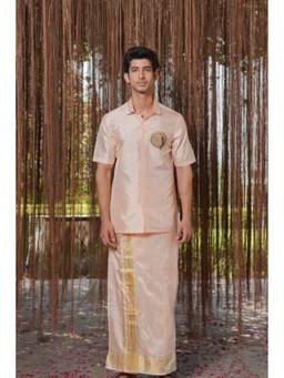 HILO DESIGN - Pink Mayura Pattu Kurta with Pattu Dhoti and Kanduva