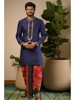 HILO DESIGN - Navy Blue Royal Navratna Pattu Kurta with Pattu Dhoti and Kanduva