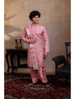 HILO DESIGN - Pink Srinivasa Pattu Kurta with Pattu Dhoti and Kanduva