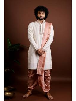 HILO DESIGN - Beige Regio Pattu Kurta with Pattu Dhoti and Kanduva