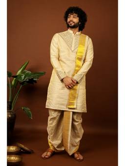 HILO DESIGN - Gold Opulence Pattu Kurta with Pattu Dhoti and Kanduva