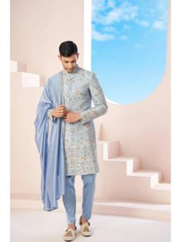 HILO DESIGN - Luxavia Blue Hand Embroidered Raw Silk Sherwani